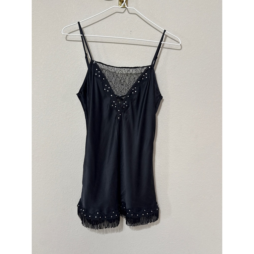 Vintage Victoria's Secret 100% Silk Slip Women XS Black Lace Fringe Rhinestone